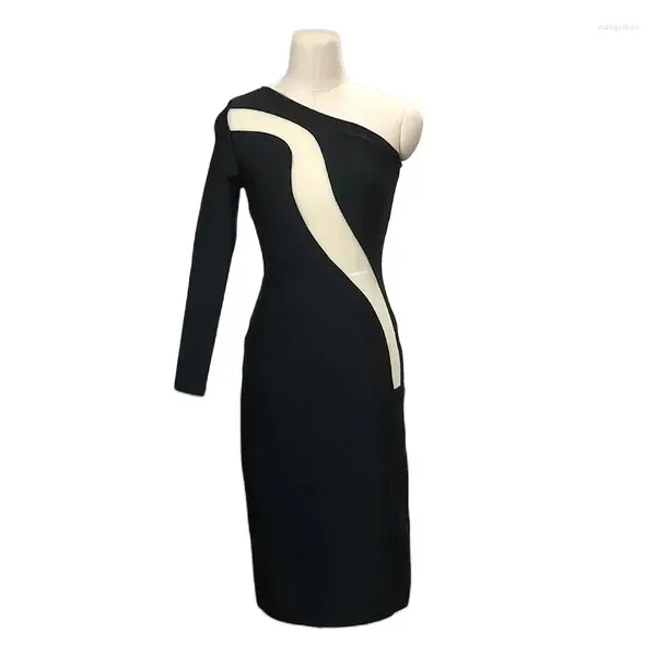 Lässige Kleider schwarzer vestidos de cocktail sexy long ärme ein schulter club nachtpartykleider midi bodycon bandage prom Großhandel Großhandel