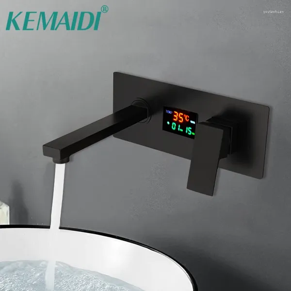 Banyo lavabo muslukları kemaidi mat siyah musluk katı pirinç dijital ekran sıcaklık su duvarı monte havza musluğu