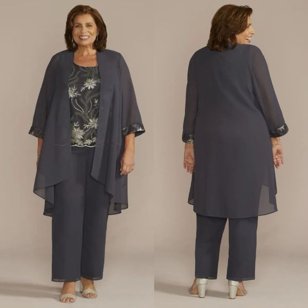 Elegante grigio in pizzo MATHE Abito pantalone con maniche lunghe giacca abito ospite in chiffon plus size di abiti da madre della sposa tre pezzi