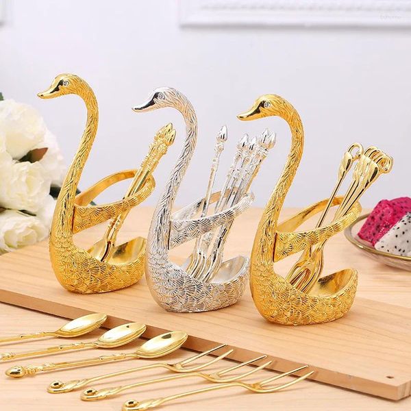 Forks Creative Dinnerware Conjunto de aço inoxidável Decorativo Swan Base Titular com 6 colheres para a sobremesa de bolo de frutas de café Mistura