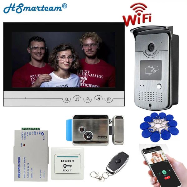 Kameralar 9 inç WiFi Video Kapısı Telefon İntercom Giriş Sistemi 1 Monitör + 1 RFID Açık Kamera + Elektrik Kilitli Uygulama Telefon Kilidi