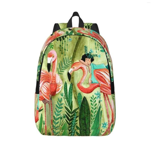 Zaino fenicotteri nella multifunzione della giungla classica daypack casual resistente all'acqua di base per i viaggi con tasche sul lato della bottiglia