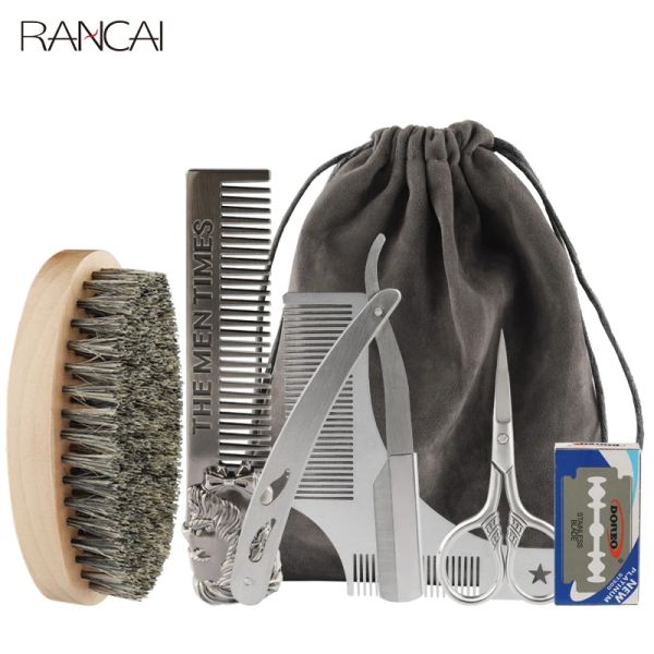 Blades Rancai Pennello per barba da barba professionale da 5 pezzi set di seta di setole taglio barbiere per barbiere a forbice per capelli rasoio con kit borse