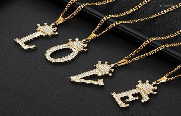Catene crash zircone alfabeto collane a sospensione per donne uomini corona la lettera iniziale collana hip hop a catena oro gioiello collier11155780