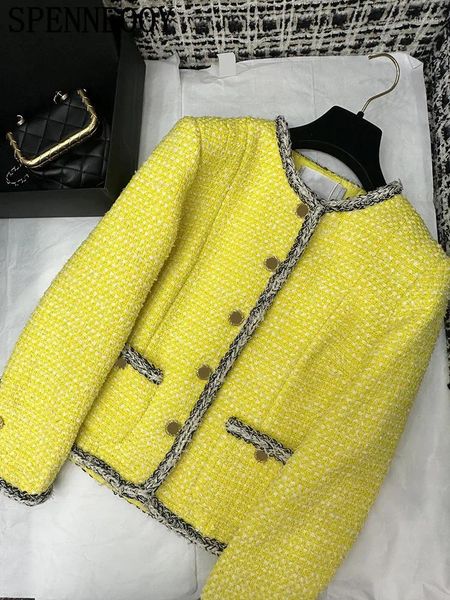 Damenjacken Spenneooy Mode Designer Herbst gelbe Freizeitjacke O-Hals Taschen Langarm einzelner Breauzier direkter Barrel Mantel