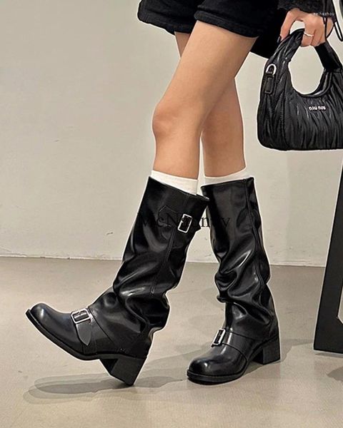 Boots Brown Mulheres até os joelhos do joelho de joelho rodeado de calcanhar alto Cavaleiro Ocidental Slip On Design Fashion and Street Style