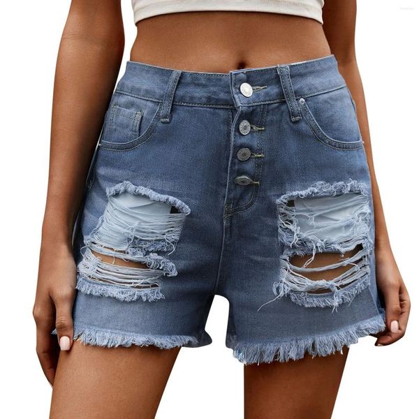 Jeans femininos Multi-Button rasgaram shorts jeans Summer High Wistide Dobed Cut Cut Casual Casual Calças