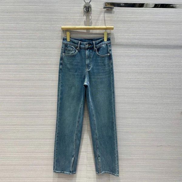 Kadınlar kot moda sokak kıyafeti mavi denim pantolon kadın fermuarlı yüksek bel cebi yan bölünmüş ince fit düz