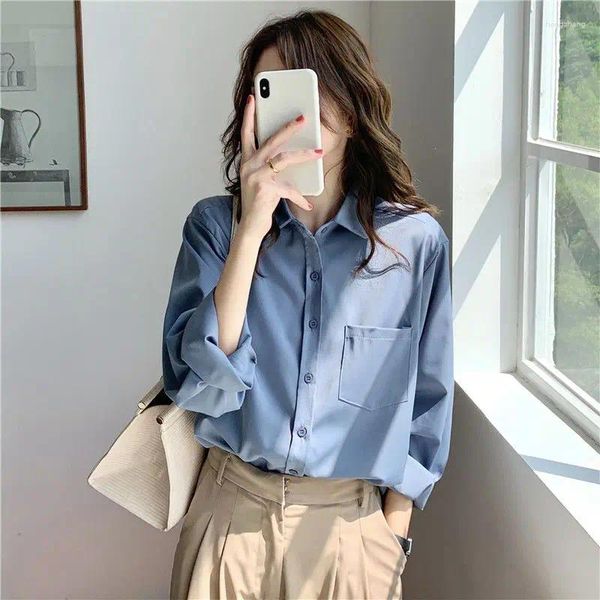 Blouses feminina Francês Minimalista Gentle Minimalista Camisa de mangas compridas mulheres Mulheres de lapela sólida bolso de moda coreana versátil solto fino