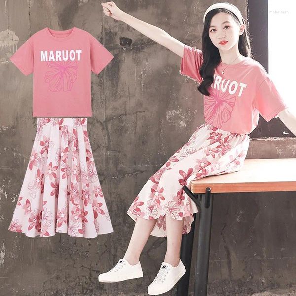 Roupas conjuntos de roupas coreanas de verão menina de 2pcs conjunto de roupas infantil alfabeto camiseta júnior flor full prenst saia infantil terno