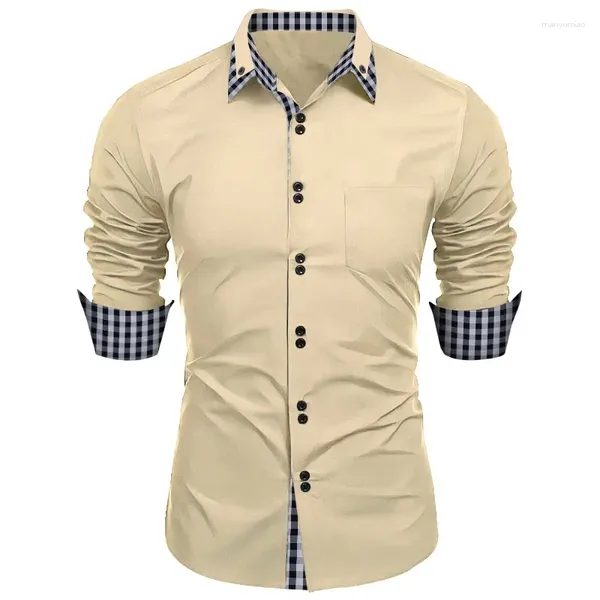 Мужские повседневные рубашки 2024 Fashion Wear Spring и осень -проверка цветовой блок Business Slim Fit Рубашка с длинными рукавами
