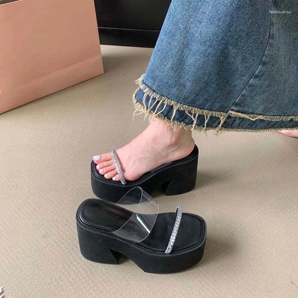 Sandálias de 10 cm de salto grosso de verão Slippers Black Platform Heels High Salto Senhoras Transparentes Block Shoes 2024 Mujer