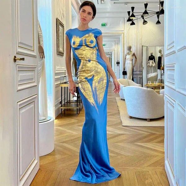 Повседневные платья 2024 Стиль Женская мода Кругемая шея человеческая 3D -отпечатано от вечернего платья