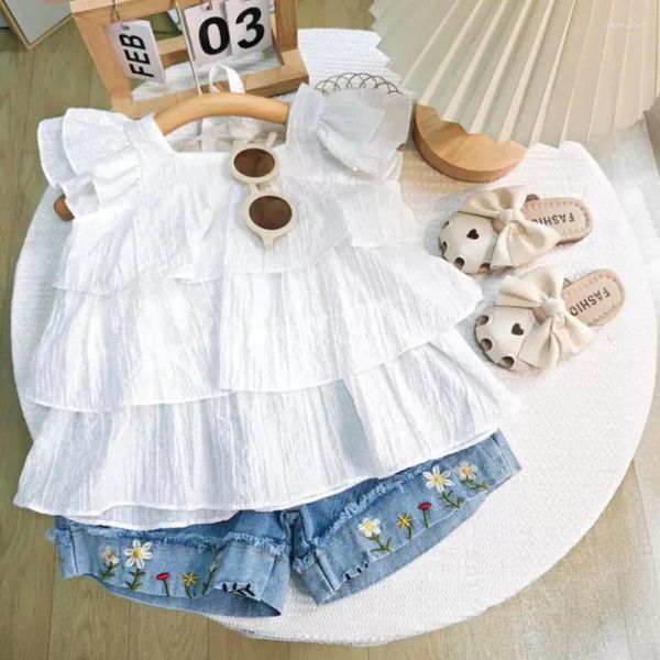 Set di abbigliamento 2024 Girls Summer Shirt Shirt Top e pantaloncini da cowboy a due pezzi set