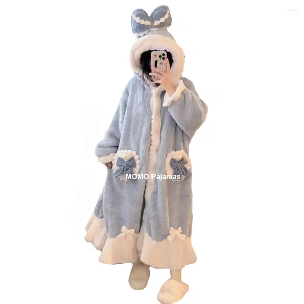 Abbigliamento per il sonno femminile inverno Kawaii Big Bow Cartoon Nighthown Pigma da donna femminile femminile con cappuccio in flanella PIJAMA Mujer Nightdress Homewear.