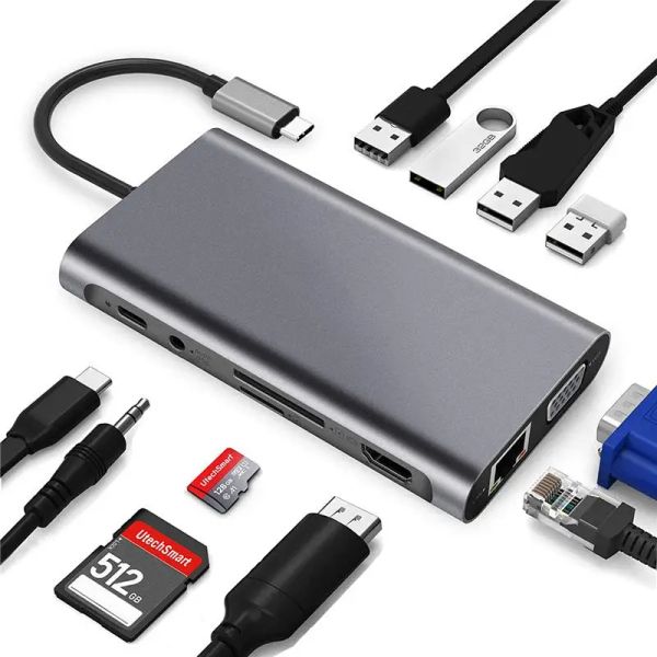 Hubs 11in1 USB 3.0 Hub Pytec Multiplec Adapter Hdmicabatible 4K USB C T -VGA 4PCS USB -порты 100 М чтения карты LAN