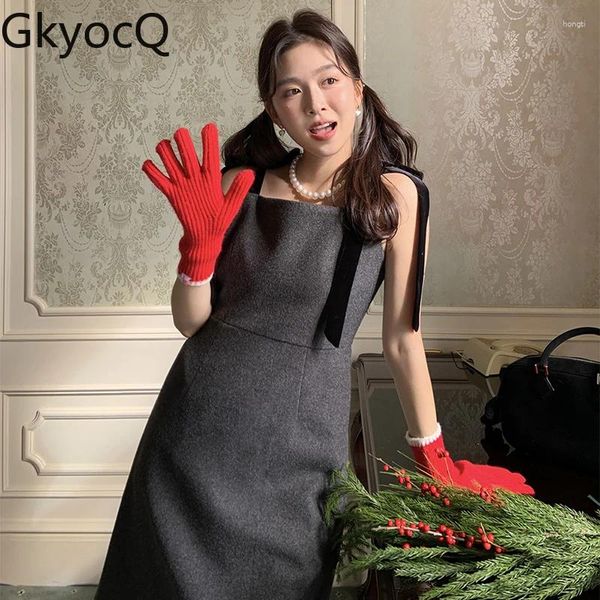 Lässige Kleider Gkyocq Korean Chic Winter Women Gurt Kleid Französisch Retro Square Neck Krawatte Taille Schlanker Halfterunterhemd Lang