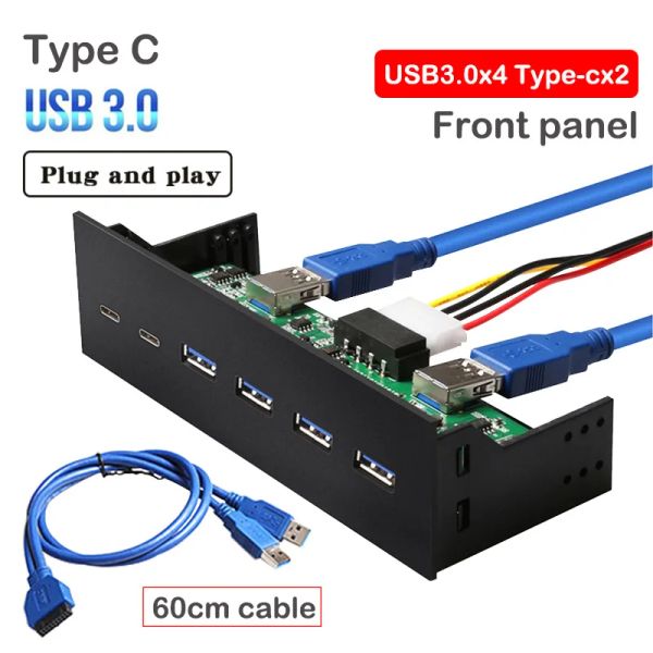 Painel frontal de cartões USB tipo C USB 3.0 Hub AUIDO Plugue e reproduzirá 20 pinos Cable Computador 5.25in Painel de acionamento óptico sem potência Super velocidade