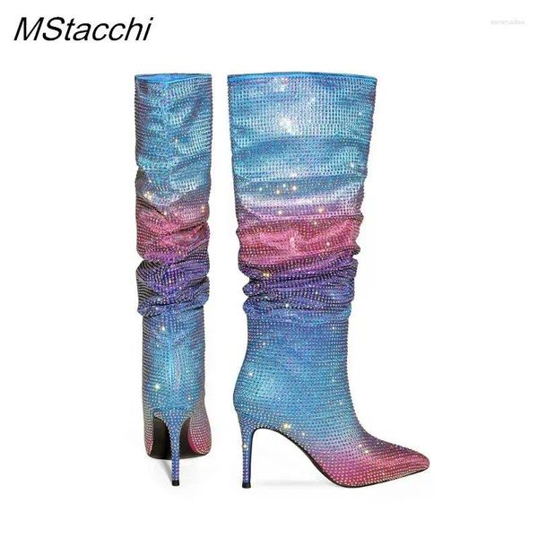 Stiefel glänzende Regenbogenkristall Frauen Knie hohe sexy sexy plissierte gestapelte lange dünne Ferse -Strass -Stiletto -Schuhe