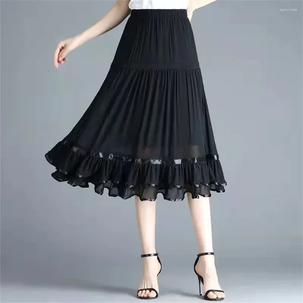 Saias coreanas primavera verão verão esbelto casual plissado elegante malha preta saia midi escritório lady moda chiffon cintura alta