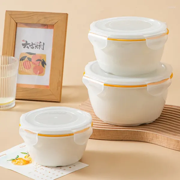 Schalen Porzellanschale mit Deckel für Mikrowelle runde Keramik Lunchbox luftdicht frisch wecker versiegelte Mahlzeit Kühlschrank weiß