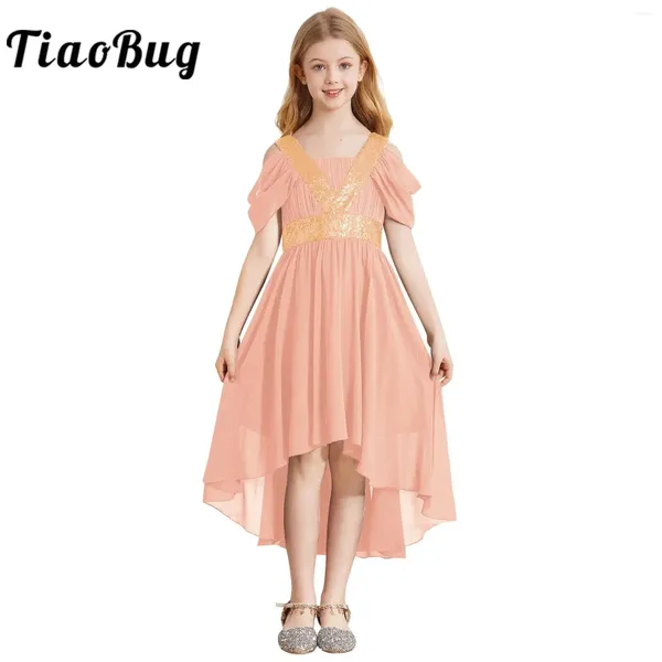 Mädchen Kleider Kinder Mädchen Pailletten Hochzeitskleid Kinder Party Kleid plissierte High-Low Chiffon Ball Teenager Formal Vestidos Blume