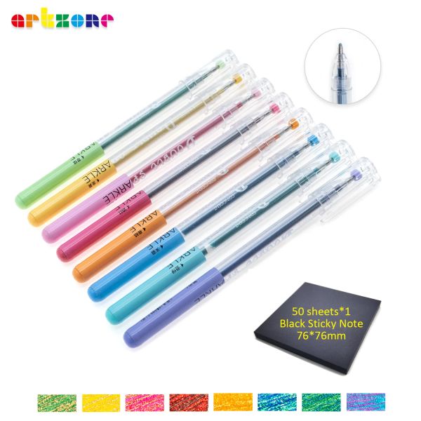 Canetas 8pcs/conjunto cintilante caneta de gel de cor metálica 0,7 mm Cores brilhantes caneta de tinta com 50 folhas de papel preto Nota adesiva