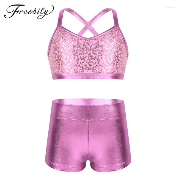 Bühnenbekleidung Teen Girls Shiny Pailletten Gymnastics Shorts Crop Ballet Lotard Dance Set Kinder Sporttankini Kostüm