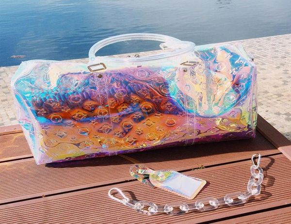 Duffel Bags 2021 Summer Women Totes Transparent Laser Bolsa para feriado Bag Shiny Bag Big Travel Seaside Pretty7520189