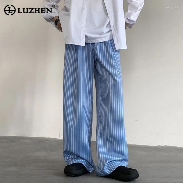 Calças masculinas Luzhen Stripe Design impresso da perna larga 2024 Original elegante elegante calça coreana lz2864