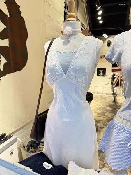 Günlük elbiseler beyaz bağcıklı tatlı uzun elbise kadınlar seksi derin v boyun pamuklu kolsuz a-line vestidos kadın katı basit yaz