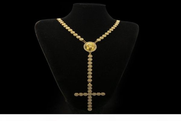 Мужчины роскошное длинное ожерелье Золото серебро с полным со стразами Иисуса Лицо с большим подвесным ожерельем Розария Панк Ювелирные изделия4804732