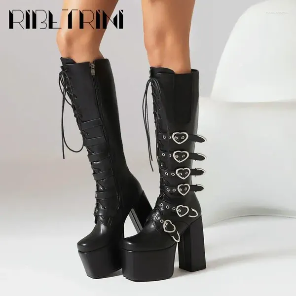 Stiefel Punk Goth Women Motorrad High Heeled Knie Platform Schuhe Herzschnalle Schnürung luxuriöser Trendy Winter Street