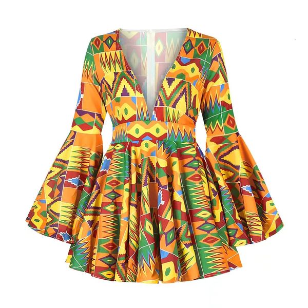 Африканская одежда для женщин летние африканские женщины V-образное выстрелы полиэфирная печать с длинным рукавом футболка женская топ нигерийская одежда 240408