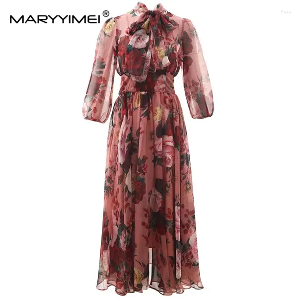 Повседневные платья Maryimei Fashy Designer платье весна лето женщины розовый ошейник розовый цветочный принтер элегантный шифон