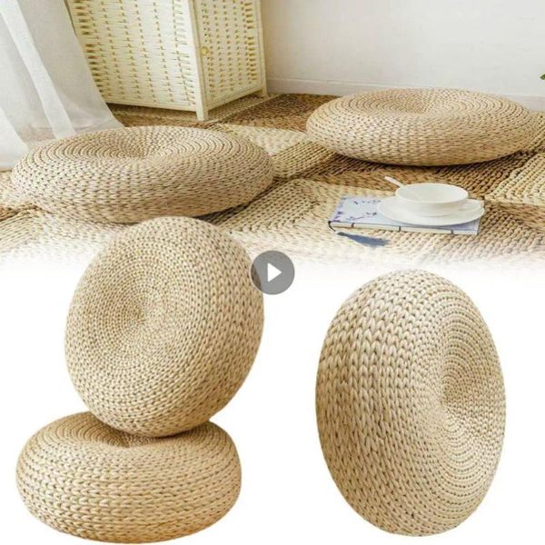 Travesseiro 40x15cm palha natural redonda pouf tatami tecer estilo japonês de piso artesanal com têxteis de seda wadding