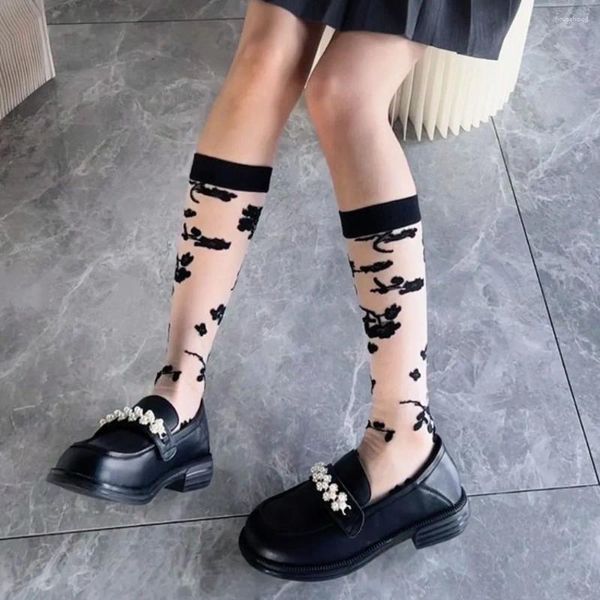 Frauen Socken Japanische Mode Blumenknie Sommer Ultra-dünn transparent Nylon Lange Strümpfe Vintage Crystal Seide