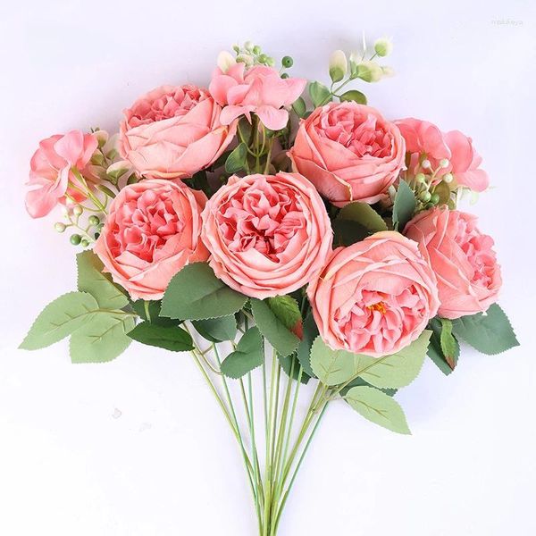 Dekorative Blumen Künstliche Café Dekor Seiden Mansa Rosen Bouquet Simulation Blumenrestaurant dekoriert rote Rose gefälschte grüne Pflanzen Florist