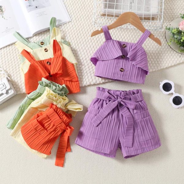Giyim Setleri FocusNorm 4 Renk Küçük Kızlar Yaz Moda Giysileri 1-6y Katı fırfırlı Düğme Kami Üstleri Kuşak Şort