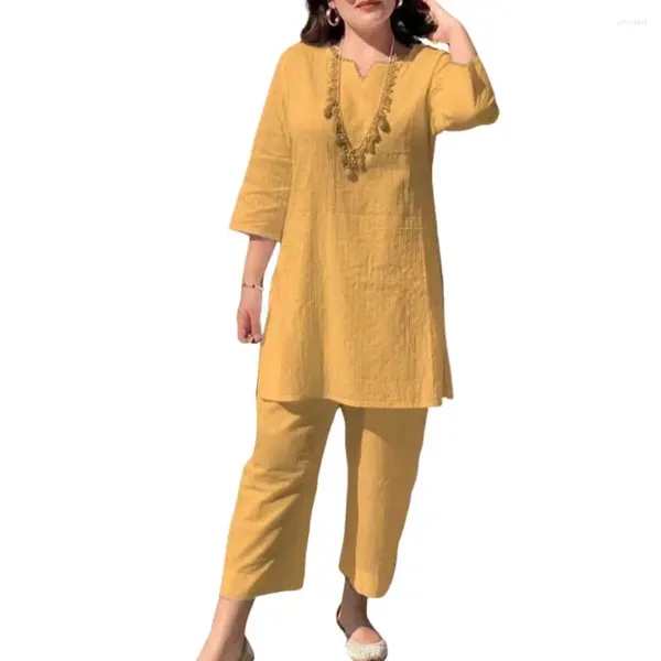 Frauen zweisteuelhafte Hosen 1 Set Home Stücke atmungsaktives weibliches Outfit V-Ausschnitt Casual Tee Shirt Long Dress Up