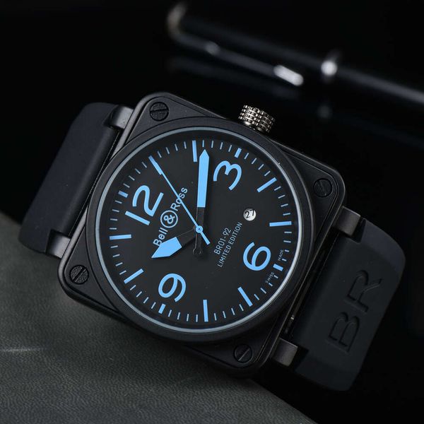 Bell ve Ross Yüksek Kaliteli En İyi Marka Bell Ross Man BR0192 Otomatik Mekanik Erkekler İzle Bell Black Ross Ross Lastik 46mm AAA Saat Büyük Diyal Erkekler Saatler Tasarımcı Movemen