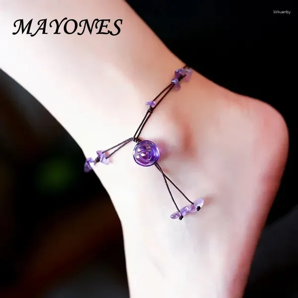 Fußkettchen Real handgefertigt für Frauen Schmuck Natural Amethyst Jade Rose Quarz Steinperlen Kette Blume Graviert fein