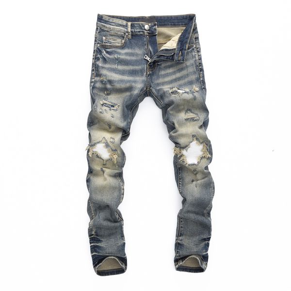 Jeans de grife masculino de melhor qualidade bordado de jeans de jeans da calça de calça de caminhada de calça raspada de hip hop marca de rua bordado de motocicleta