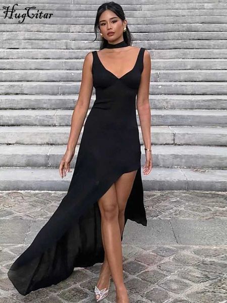 Городские сексуальные платья Hugcitar Fall Elegant Black raps Scorf Black Slit Clit Up Sexy Sleim Maxi Prom Prome Women Fashion Fashion Wedding Y2K Y240420