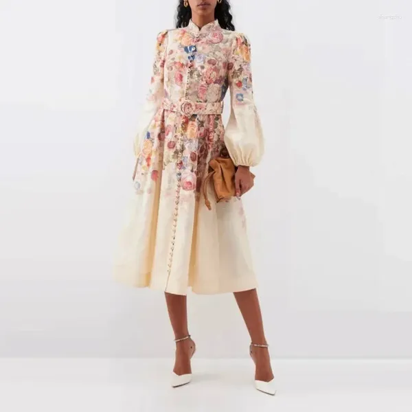 Lässige Kleider elegante florale gedruckte Kleidung Frauen Mode Laternenhülle Single Breace weibliche Sommer Chic Stand Neck Urlaub Vestido