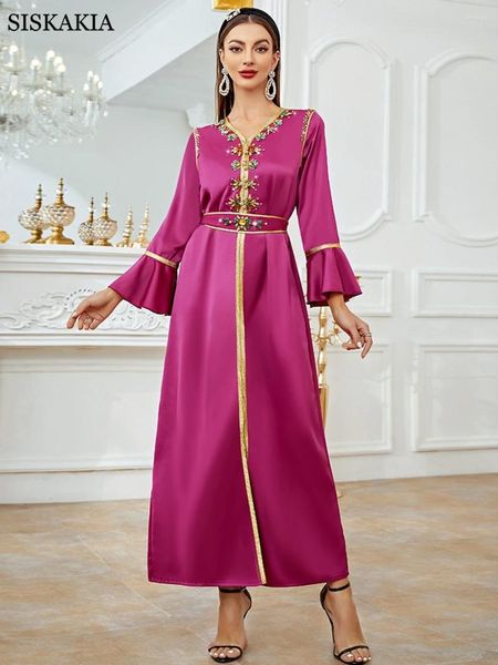 Vestidos casuais abaya dubai mulher 2024 elegante v colunos de parques vestido de festa de festa de manga longa sólida uma linha maxi islã com cinto