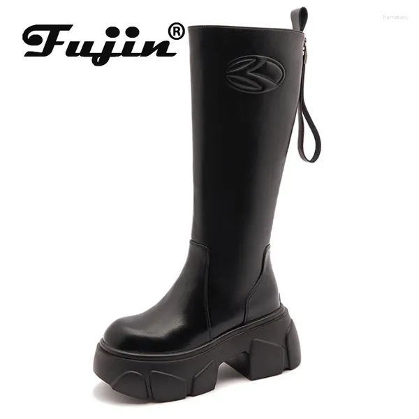 Stiefel Fujin 10 cm Mikrofaser Synthetische Plattform Wedge Knie Knie hohe Stiefel Frauen Herbst Frühling Zipper Mode -Top -Schuhe