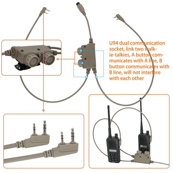 Fones de ouvido táticos fone de ouvido táticos ARSOFT ARSOFT ADAPTADOR U94 PTT RAC Dual Comunicação Ptt para Peltor Tacsky Headphon Tactical