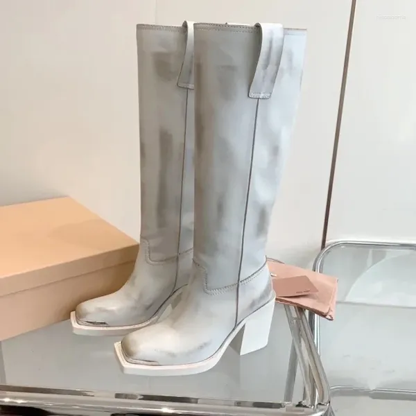 Botas grossas de manga de salto alto versátil confortável feminina longa e avançada de metal square knight boot