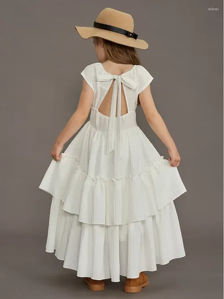 Vestidos de menina Fashioin Kids Dress Summer Dress Ruffle Sleeve Lace Traje Longa Criança Princesa Aniversário Branco/Amarelo 4 6 8 12 anos